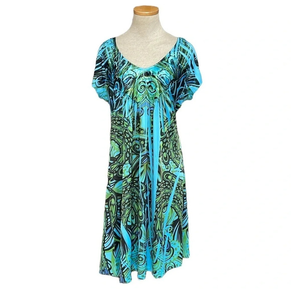 Unity Dress Womens Large Blue Green Short Sleeve A-Line Midi - Picture 1 of 15